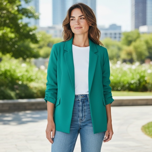 Skies Are Blue Jackets & Blazers - Teal Green Classic Open Front Blazer